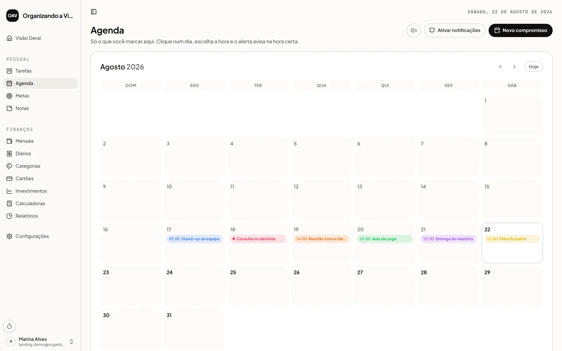 Agenda semanal do Organizando a Vida com compromissos em dias diferentes