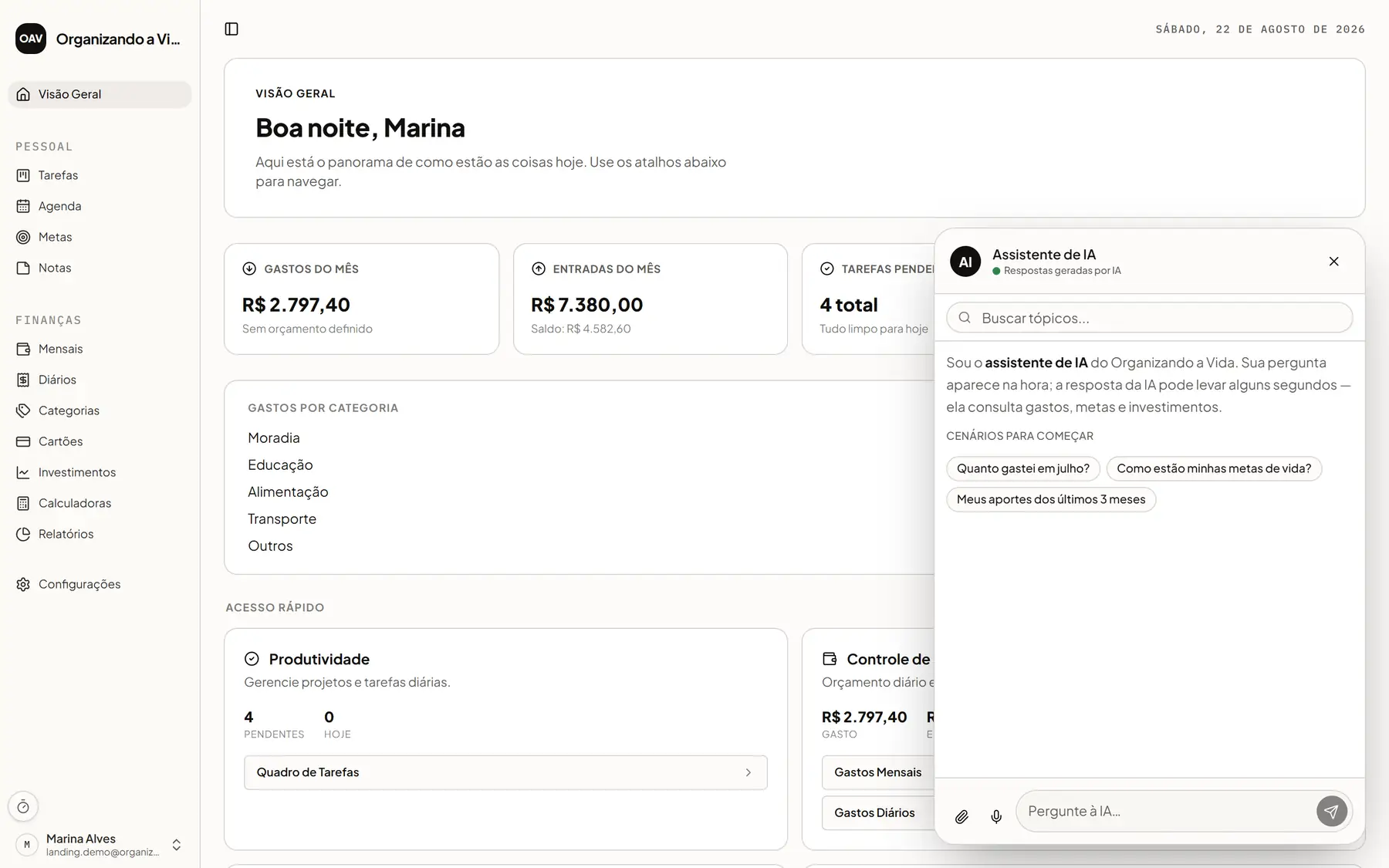 Assistente do Organizando a Vida aberto ao lado do dashboard