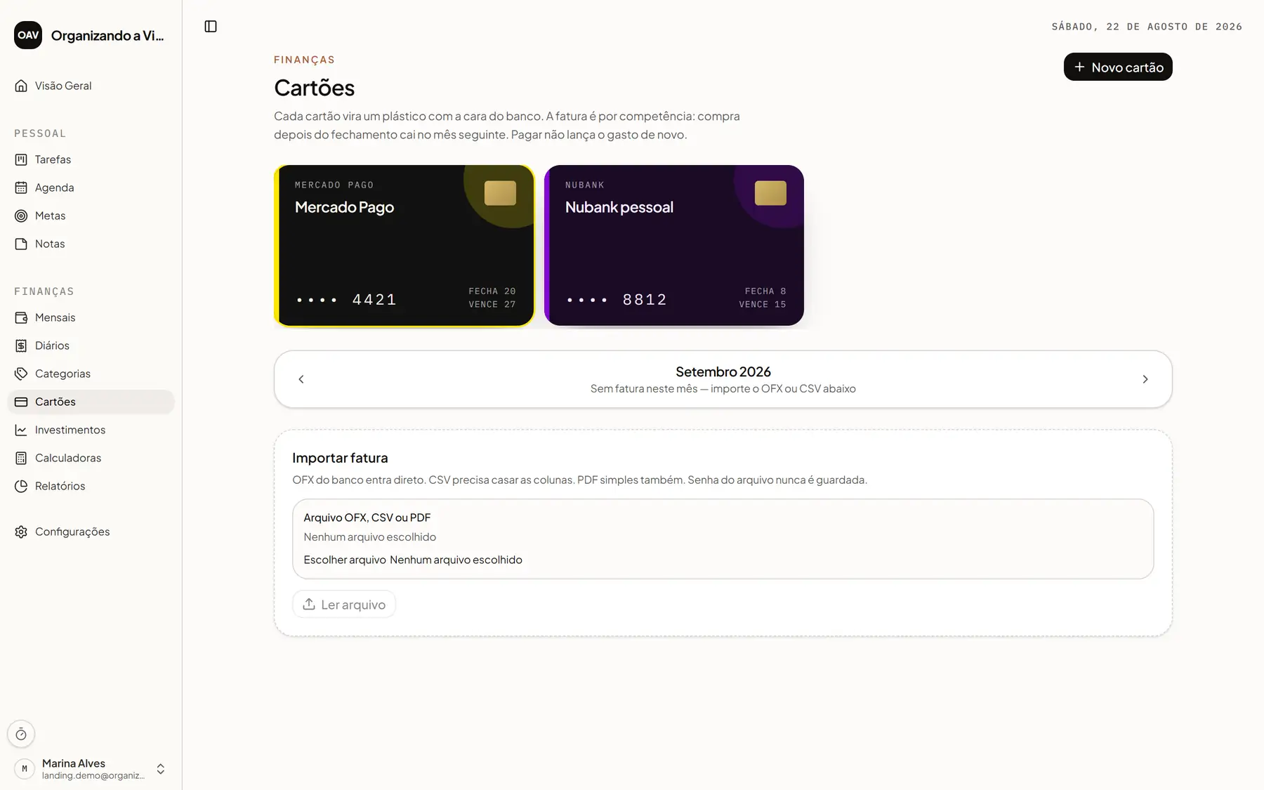 Cartões fictícios do Organizando a Vida, incluindo Mercado Pago