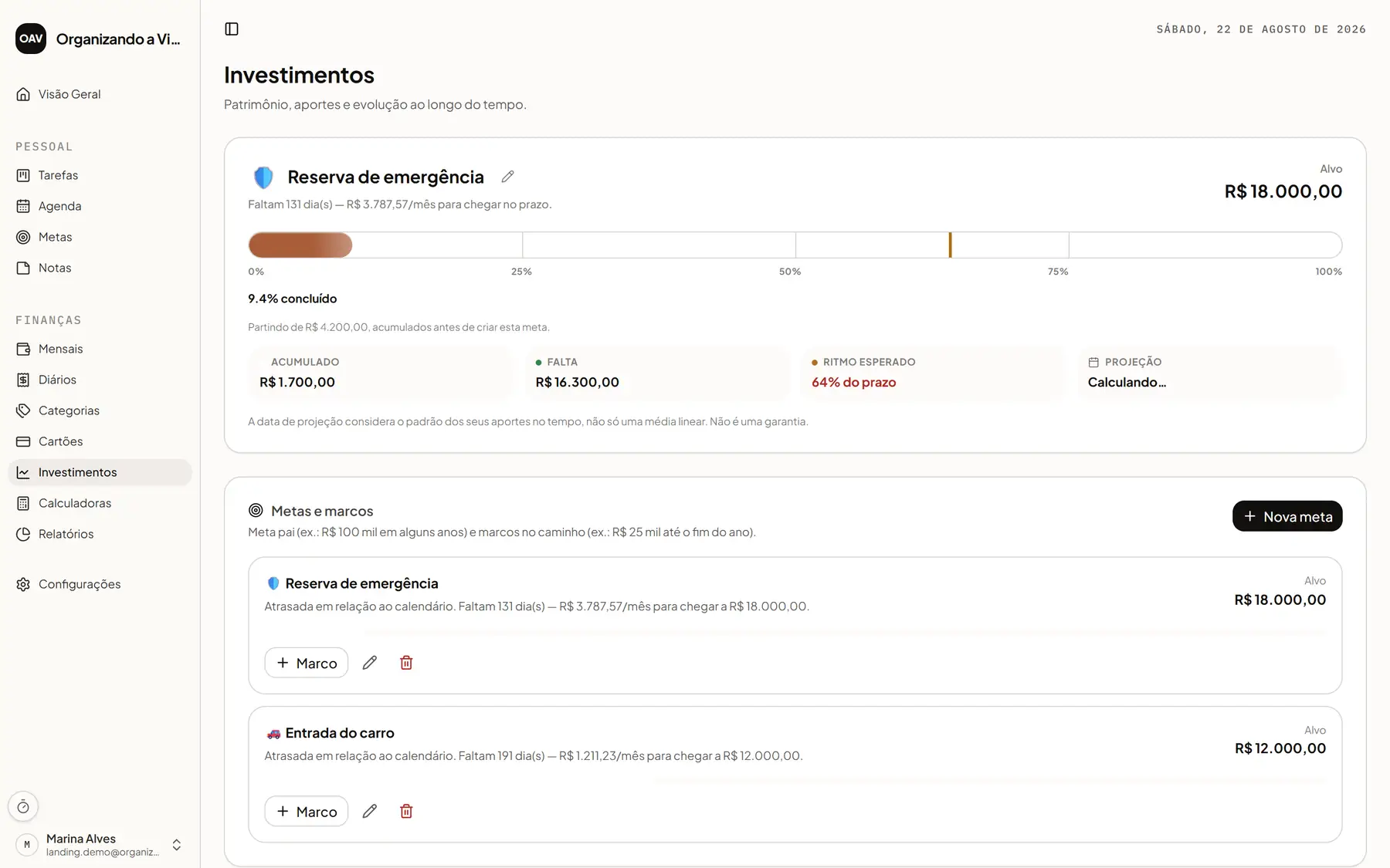 Tela de investimentos do Organizando a Vida com aportes e gráfico de evolução