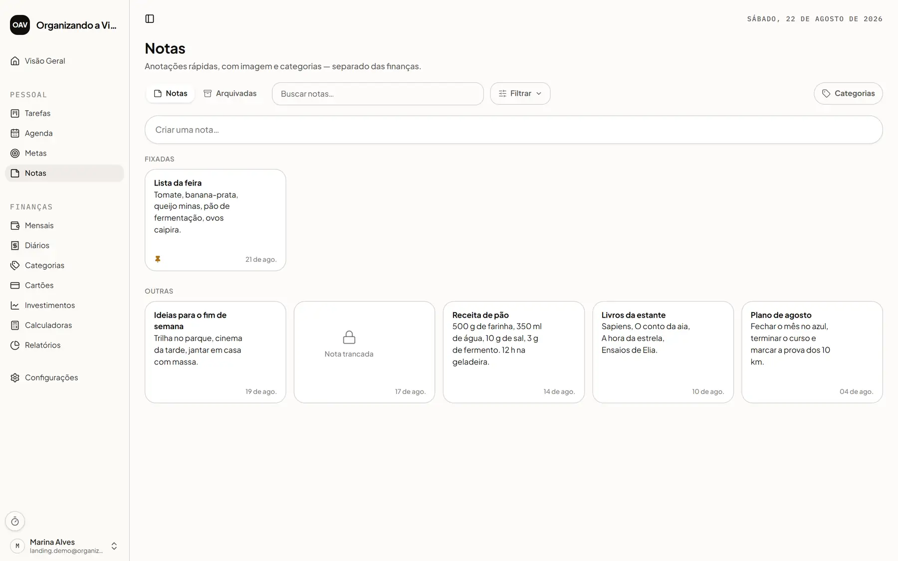 Grade de notas do Organizando a Vida, inclusive uma nota bloqueada